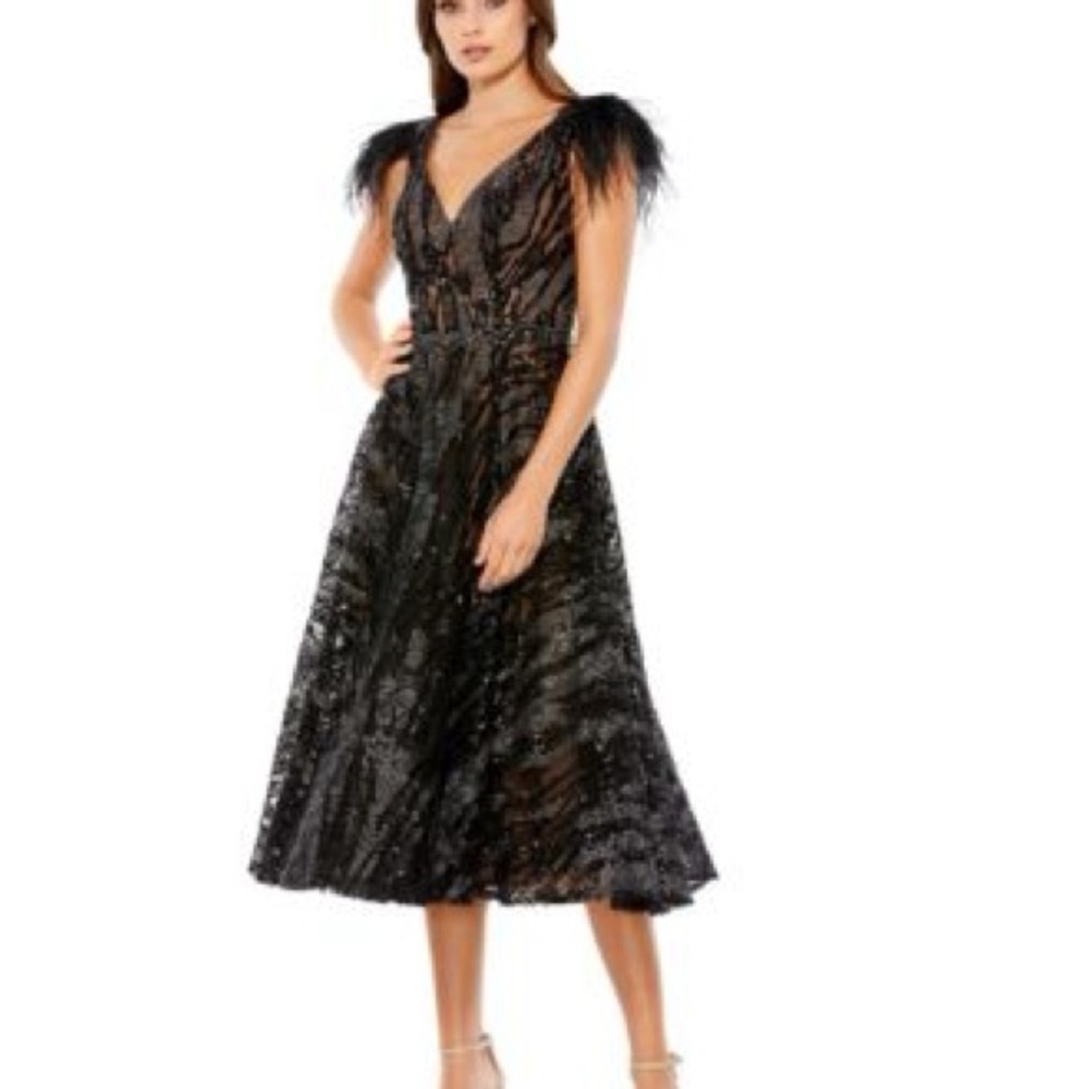 Mac Duggal Black Midi Dress with Feather Shoulders